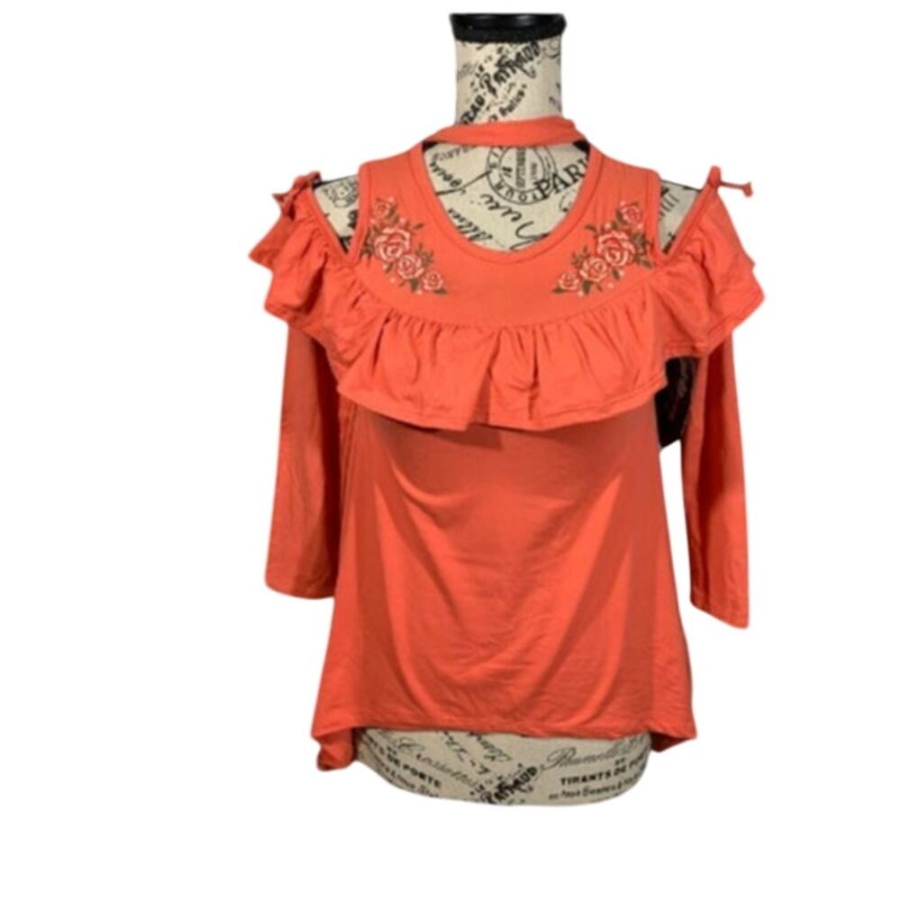 Girls Size 7/8 Top Cold Shoulder Coral Pink Floral Detail Long Sleeves NEW